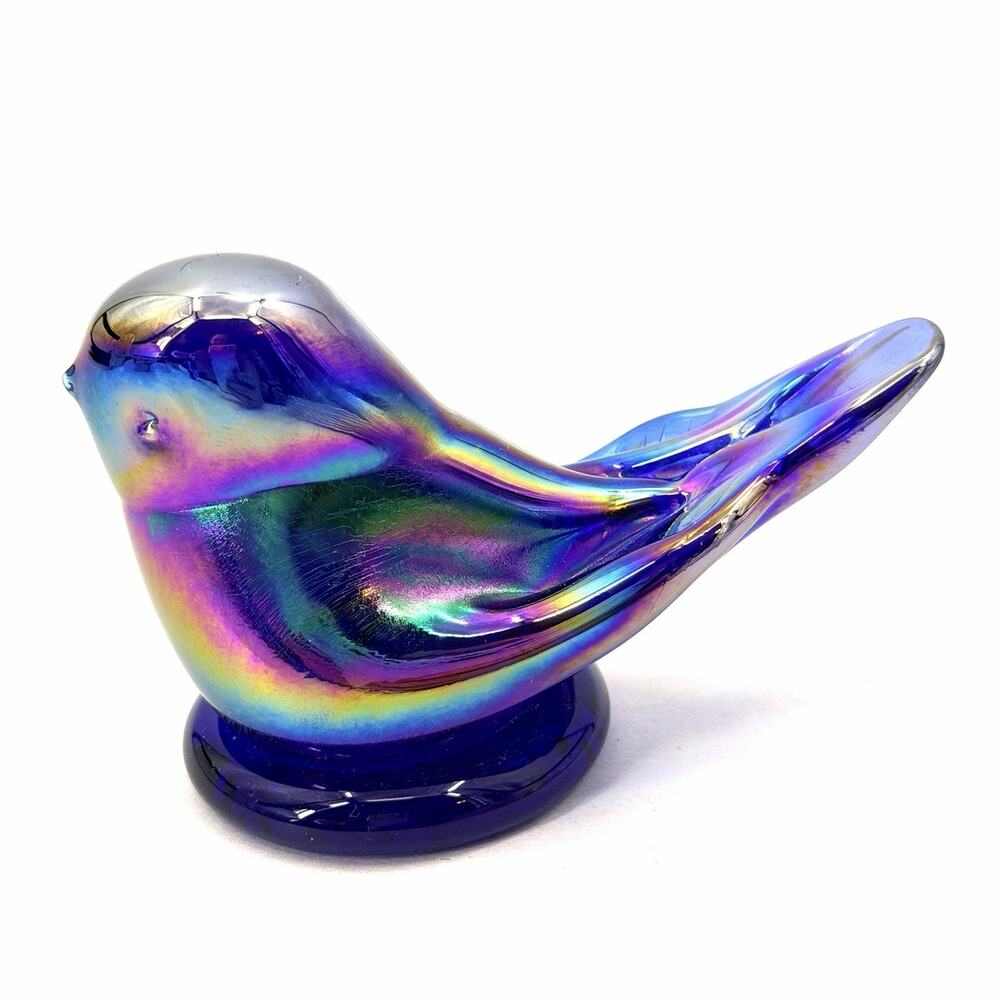 Signed Handblown Leo Ward 1990 Rainbow Bird Carnival Glass Figurine - Picture 6 of 9
